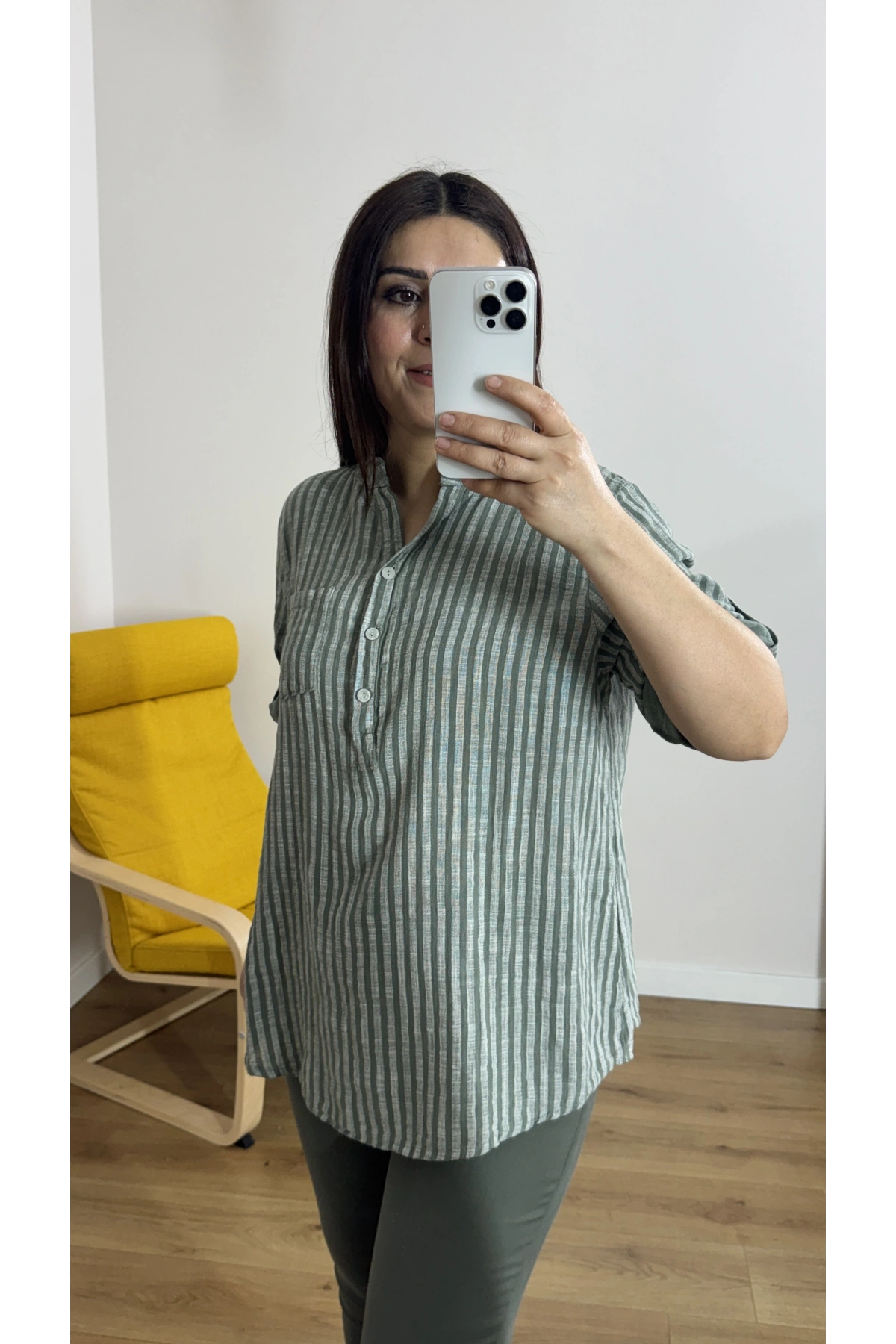 Çizgili Haki Yeşil İthal Bluz