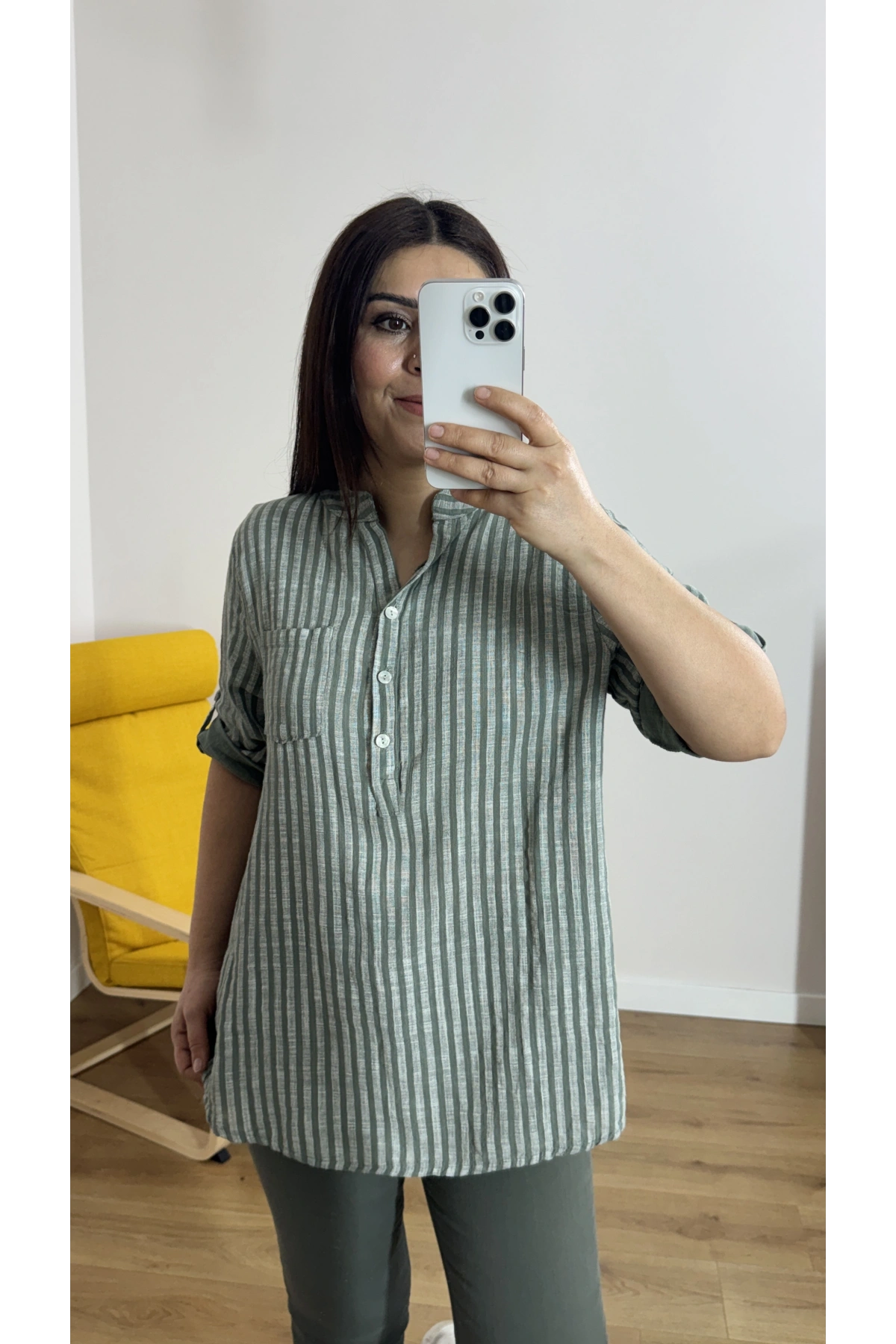Çizgili Haki Yeşil İthal Bluz
