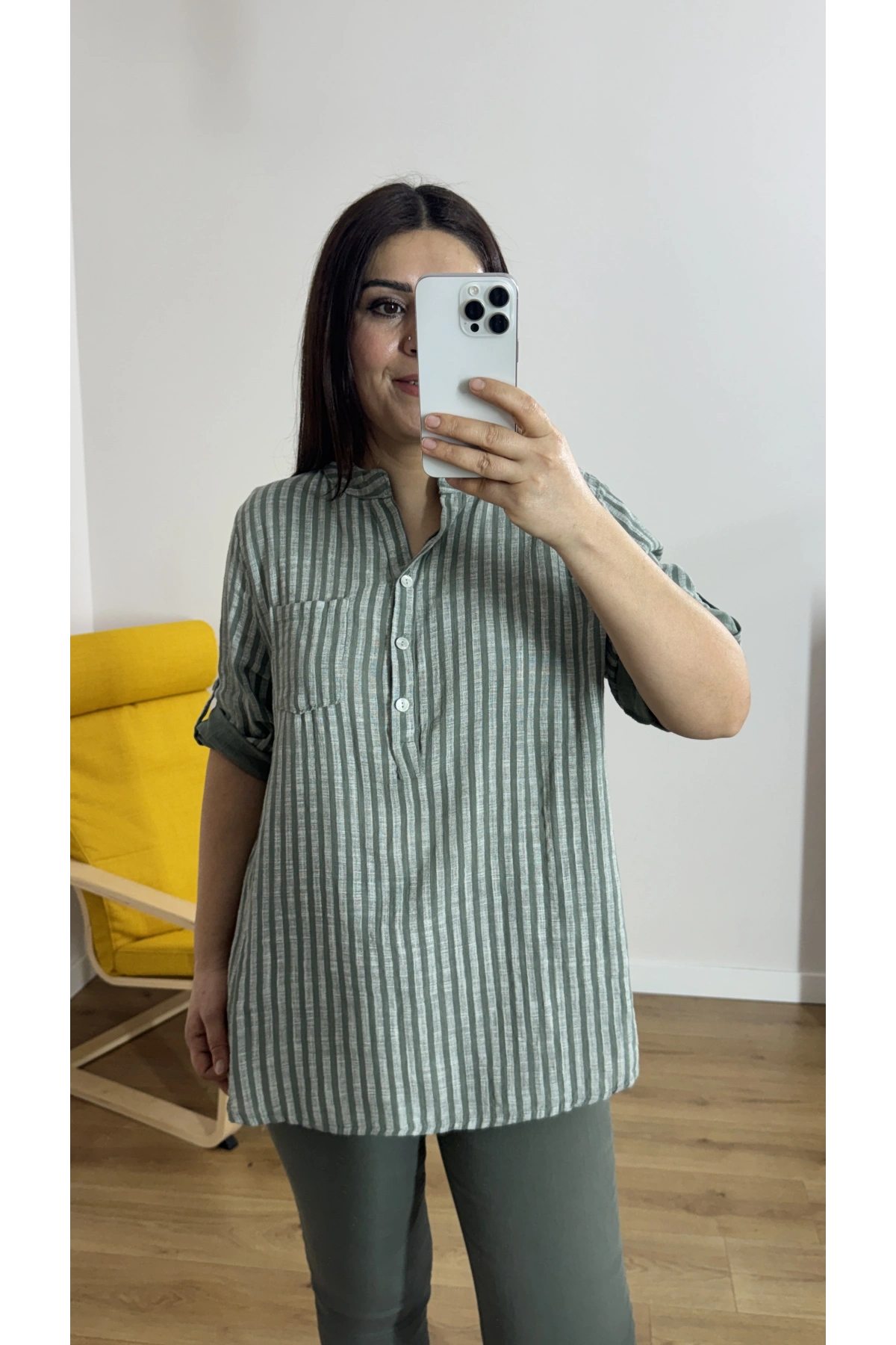 Çizgili Haki Yeşil İthal Bluz