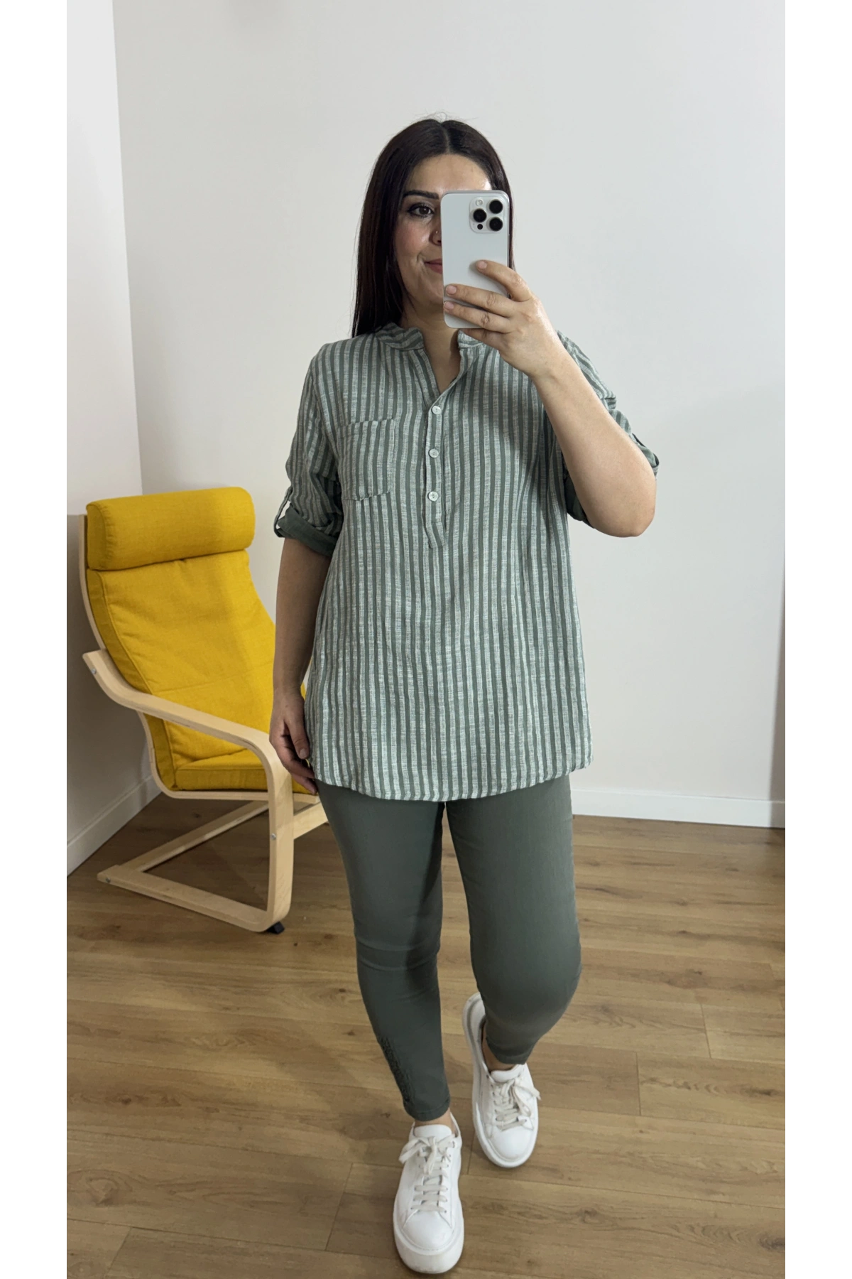 Çizgili Haki Yeşil İthal Bluz
