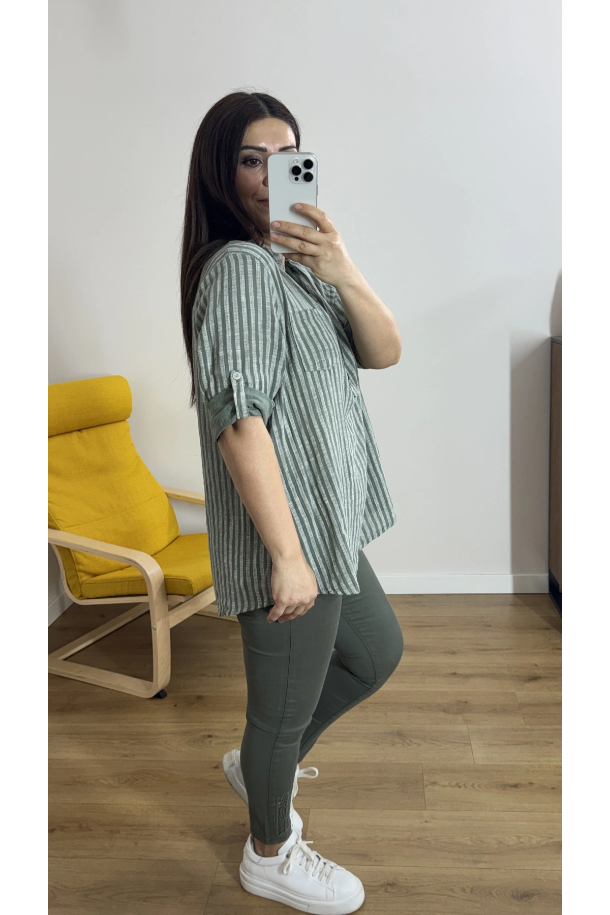 Çizgili Haki Yeşil İthal Bluz