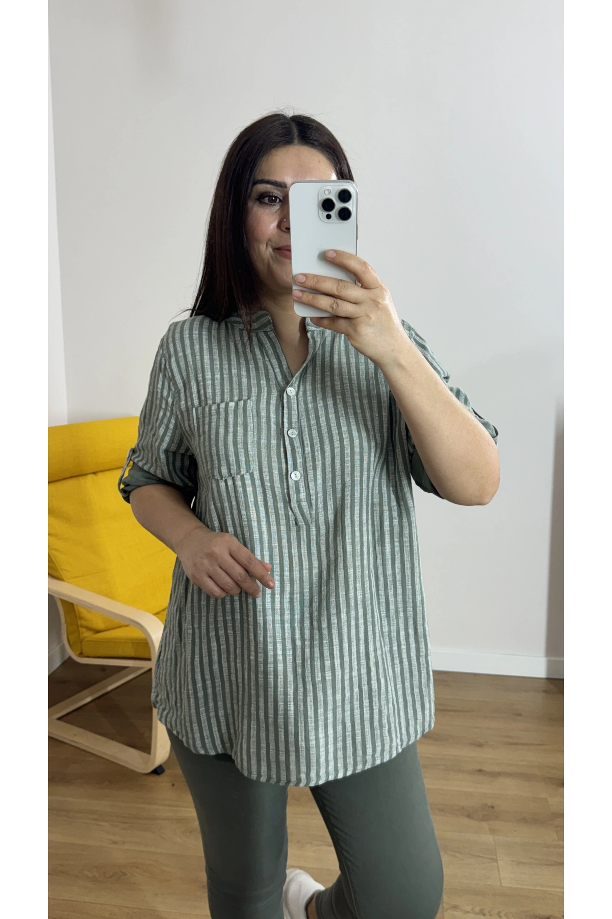 Çizgili Haki Yeşil İthal Bluz