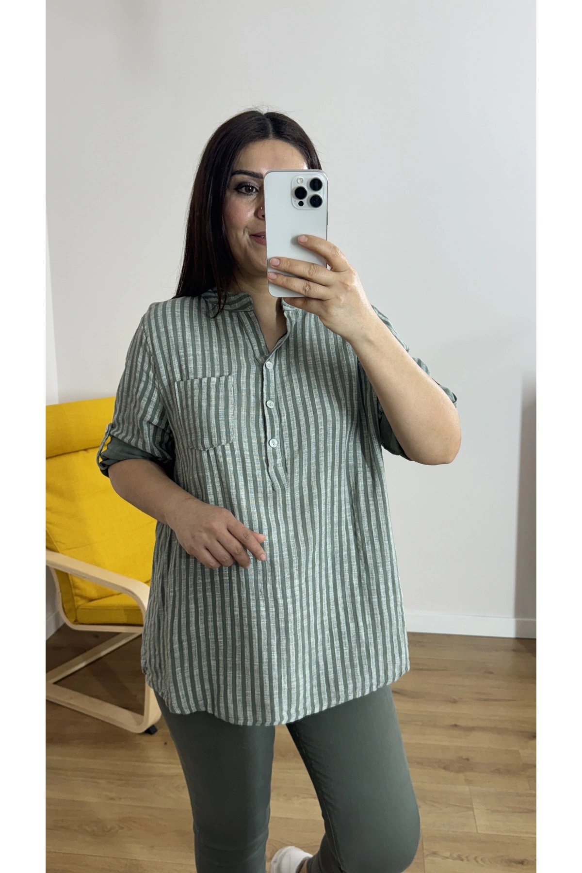 Çizgili Haki Yeşil İthal Bluz