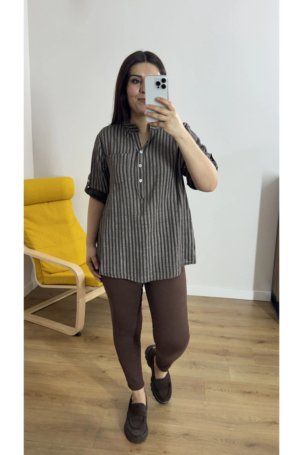 Çizgili Kahverengi İthal Bluz