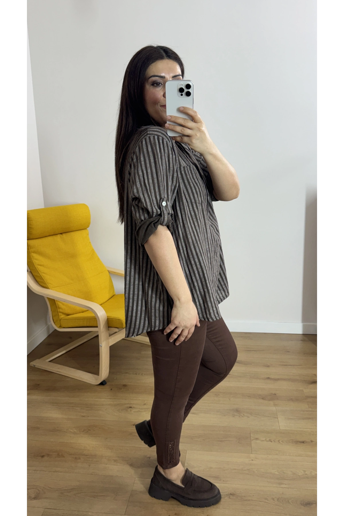 Çizgili Kahverengi İthal Bluz