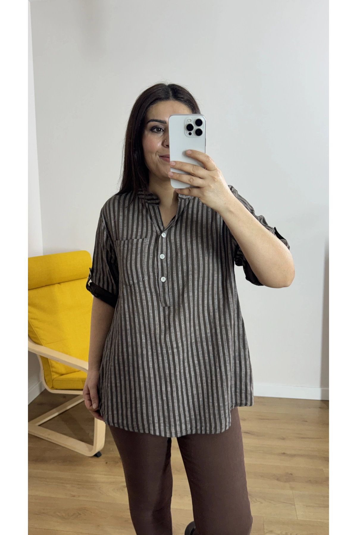 Çizgili Kahverengi İthal Bluz