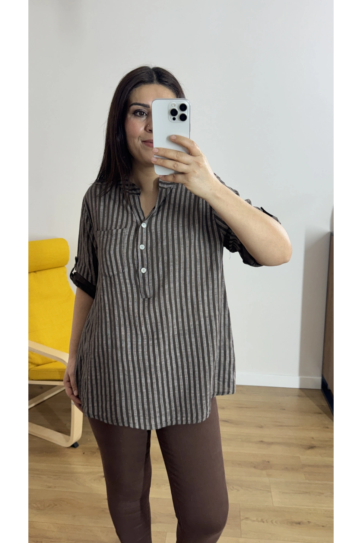 Çizgili Kahverengi İthal Bluz