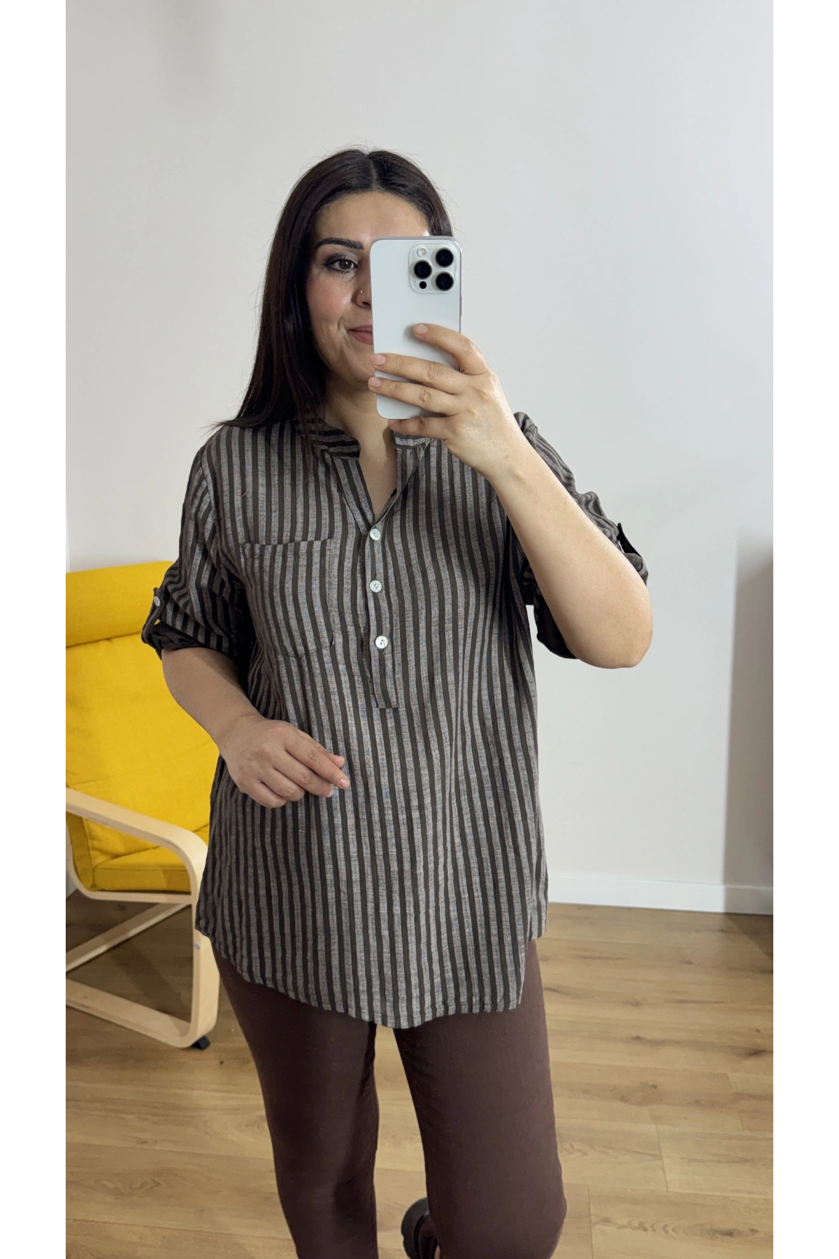 Çizgili Kahverengi İthal Bluz