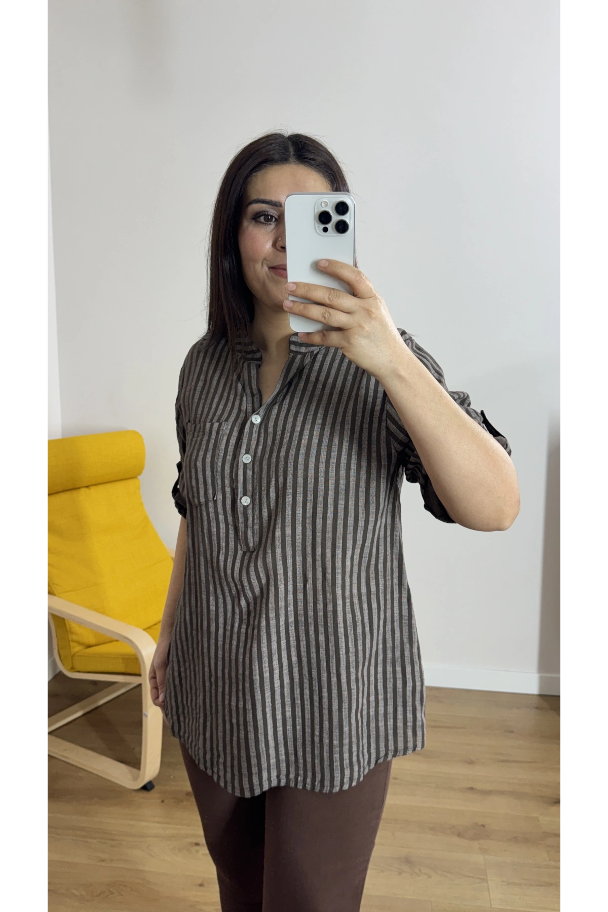 Çizgili Kahverengi İthal Bluz