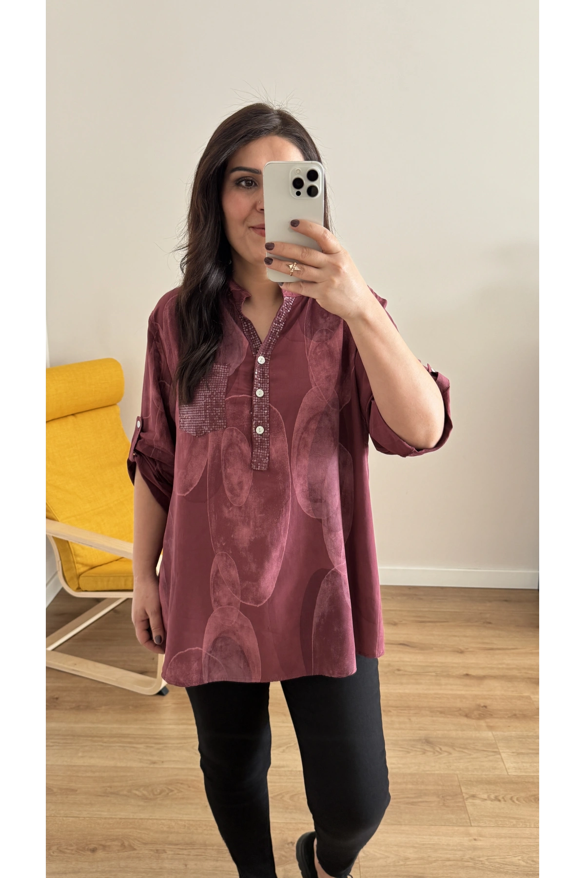 Hakim Yaka Pul Payet Desenli Bordo İthal Gömlek