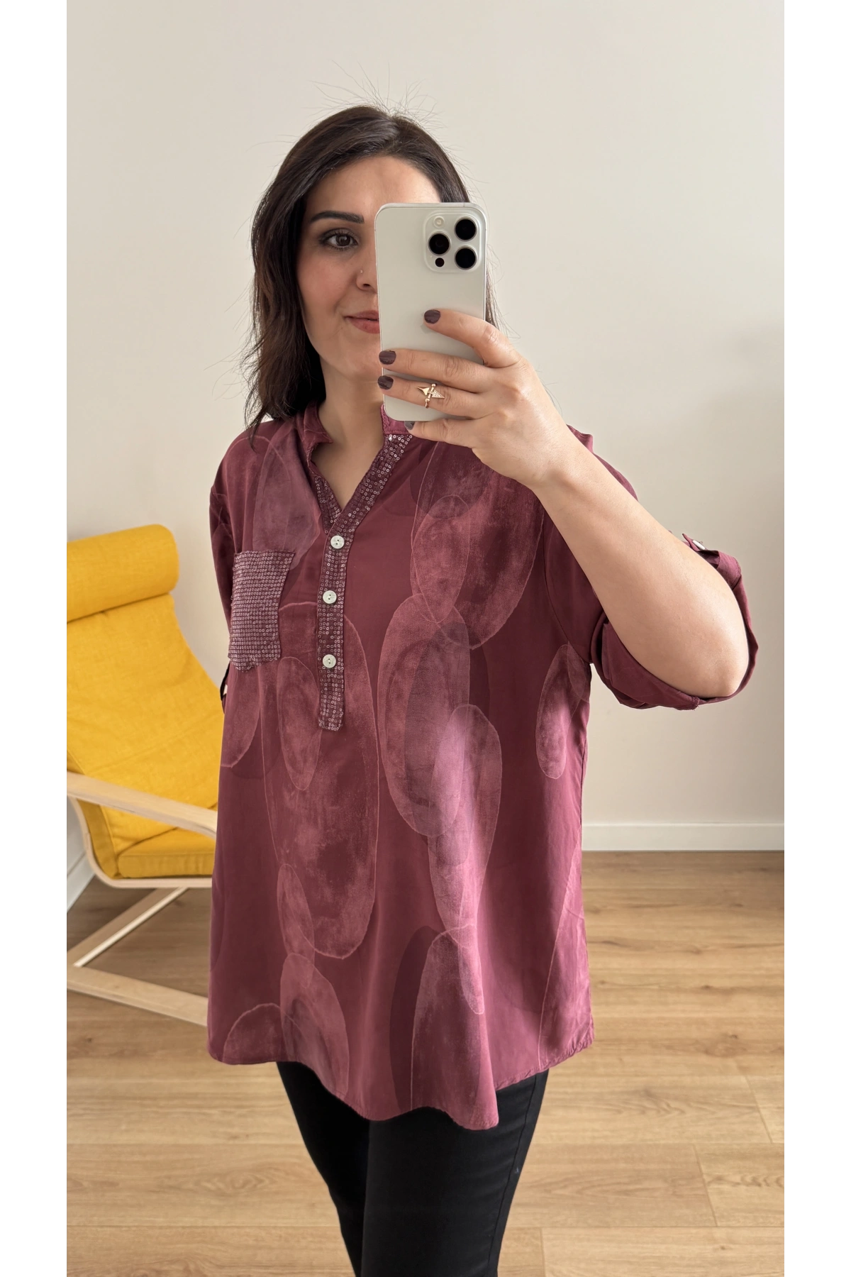 Hakim Yaka Pul Payet Desenli Bordo İthal Gömlek