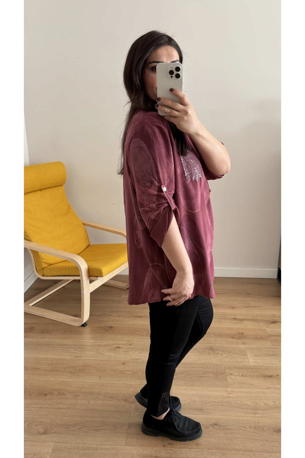 Hakim Yaka Pul Payet Desenli Bordo İthal Gömlek