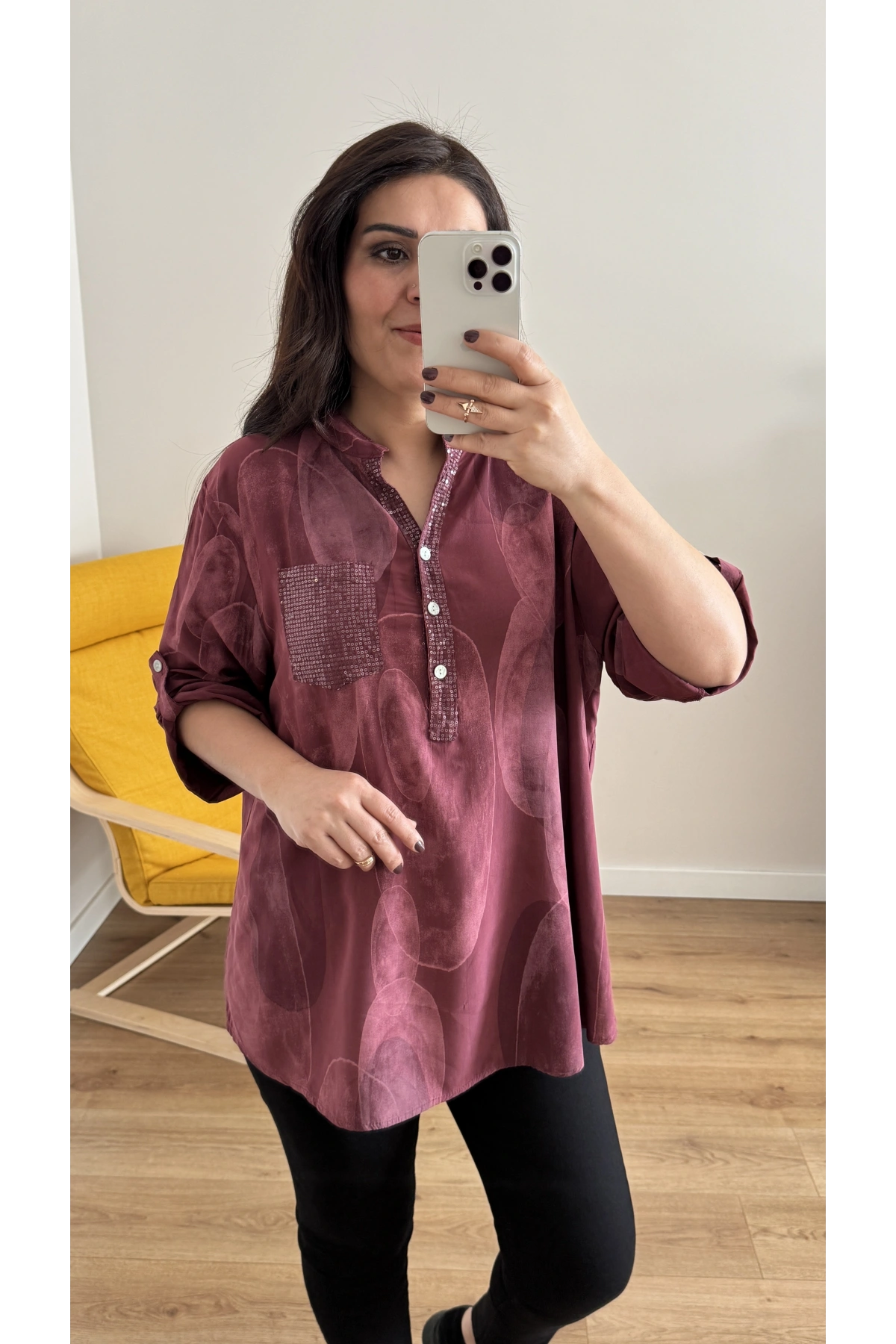 Hakim Yaka Pul Payet Desenli Bordo İthal Gömlek