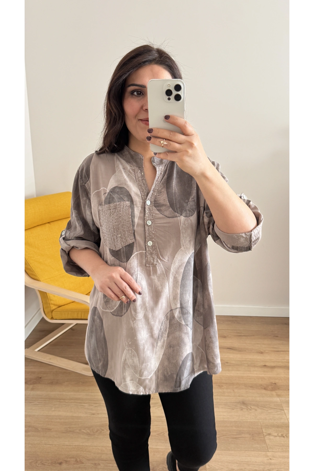 Hakim Yaka Pul Payet İşlemeli Vizon Renk İthal Gömlek