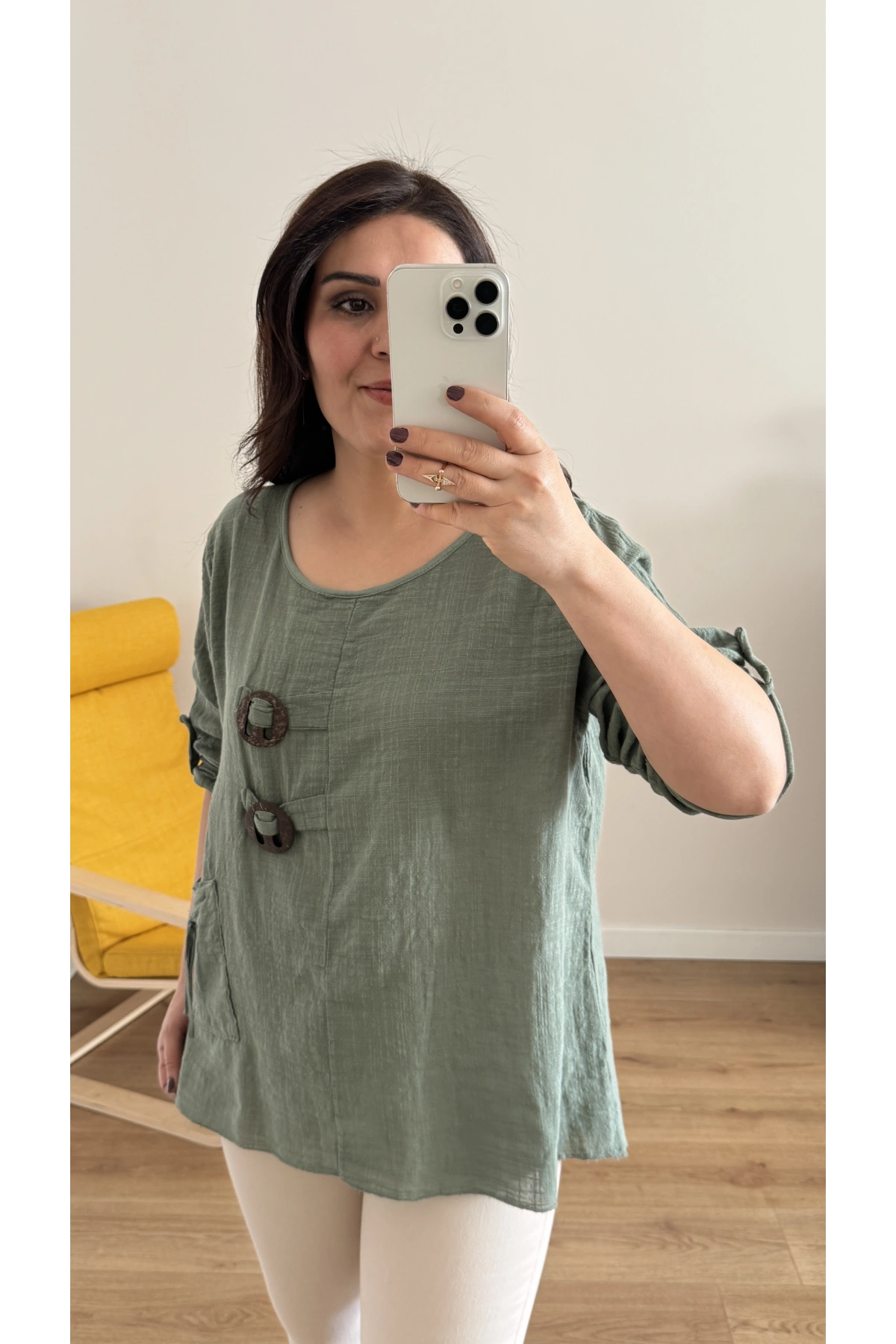 Düğme Detaylı Haki Yeşil İthal Bluz