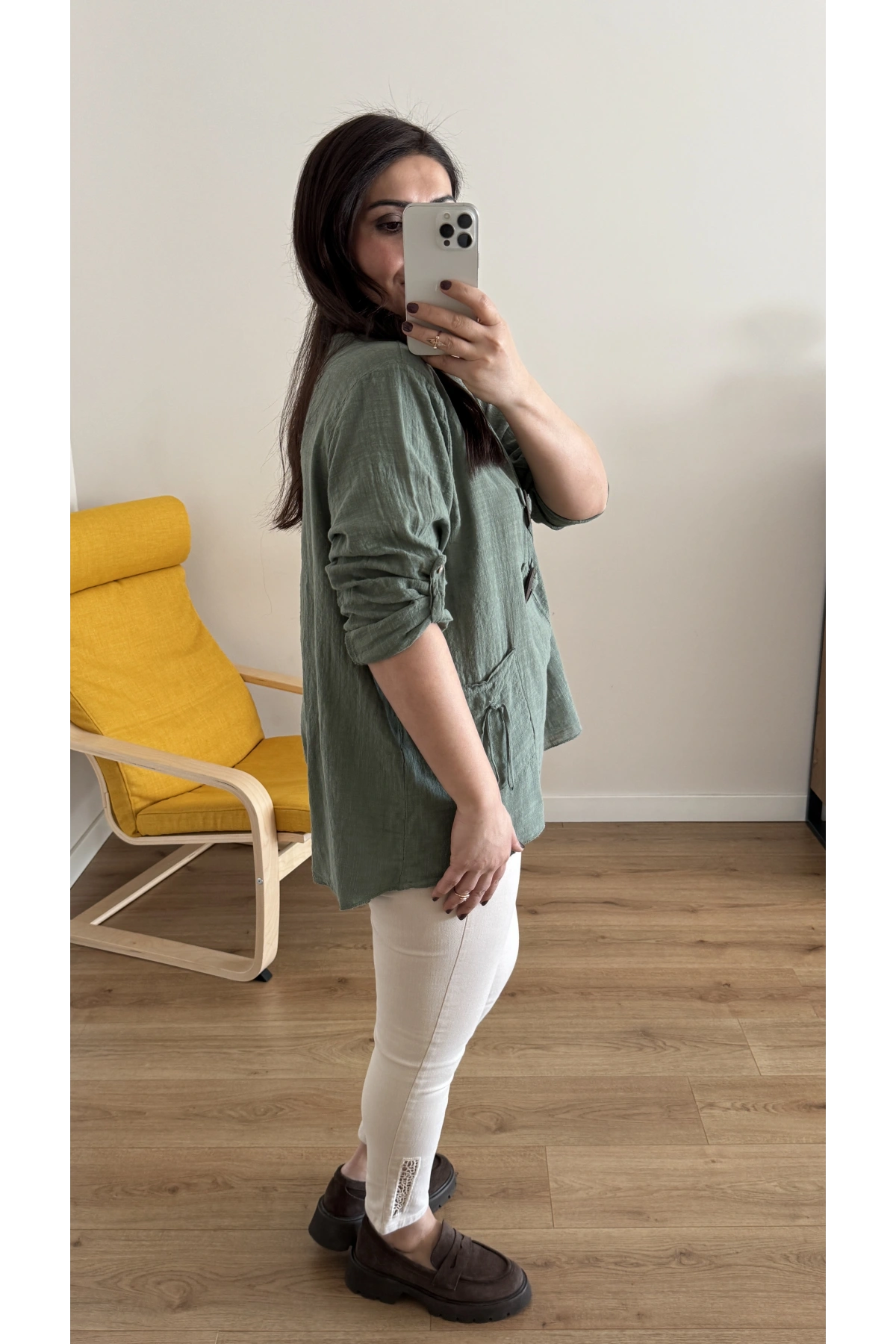 Düğme Detaylı Haki Yeşil İthal Bluz