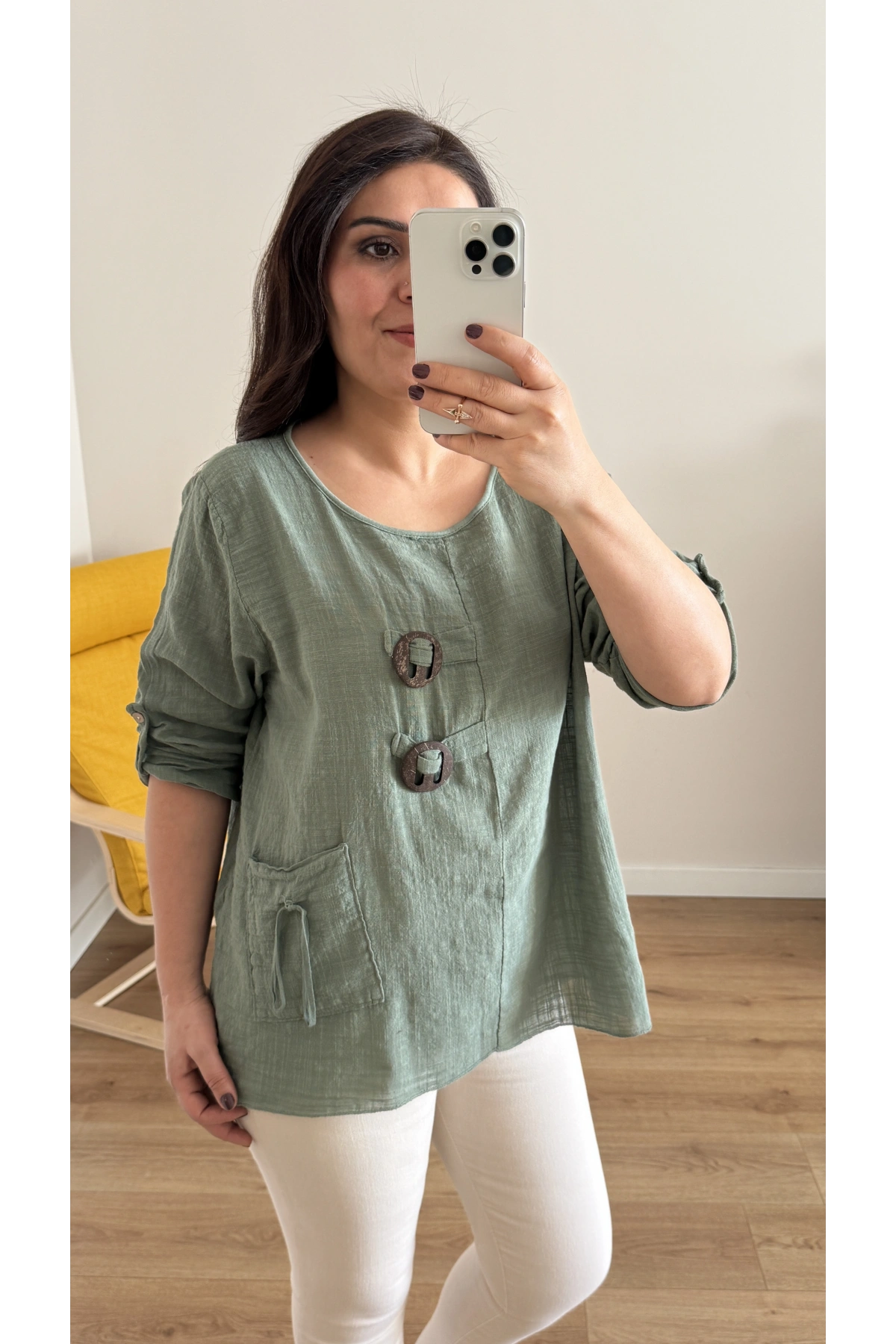 Düğme Detaylı Haki Yeşil İthal Bluz