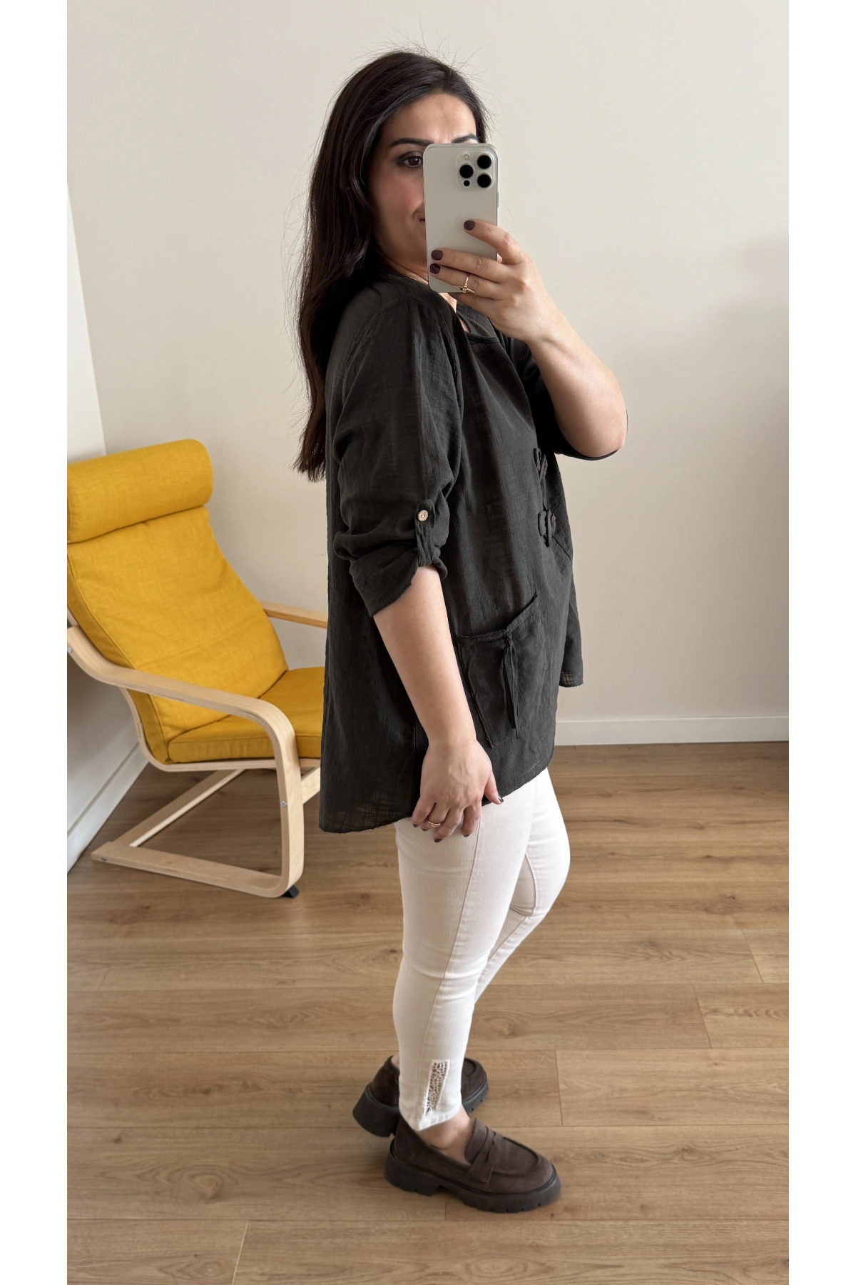 Düğme Detaylı Kahverengi İthal Bluz