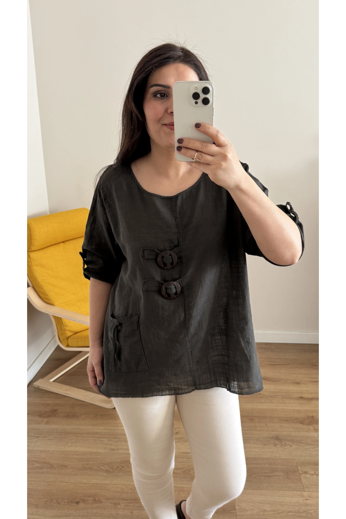 Düğme Detaylı Kahverengi İthal Bluz