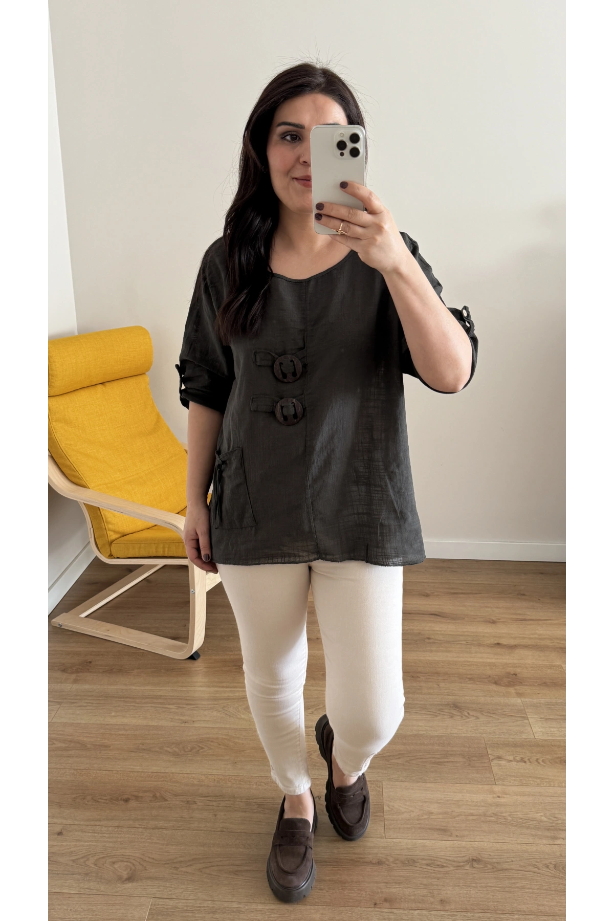 Düğme Detaylı Kahverengi İthal Bluz