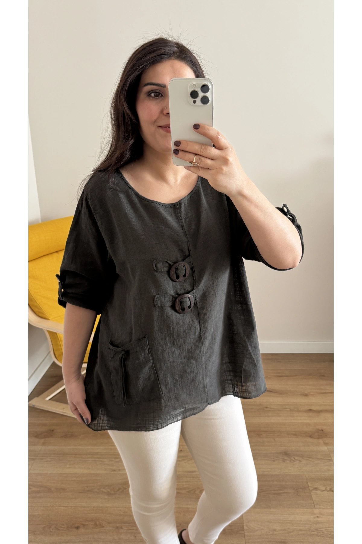 Düğme Detaylı Kahverengi İthal Bluz