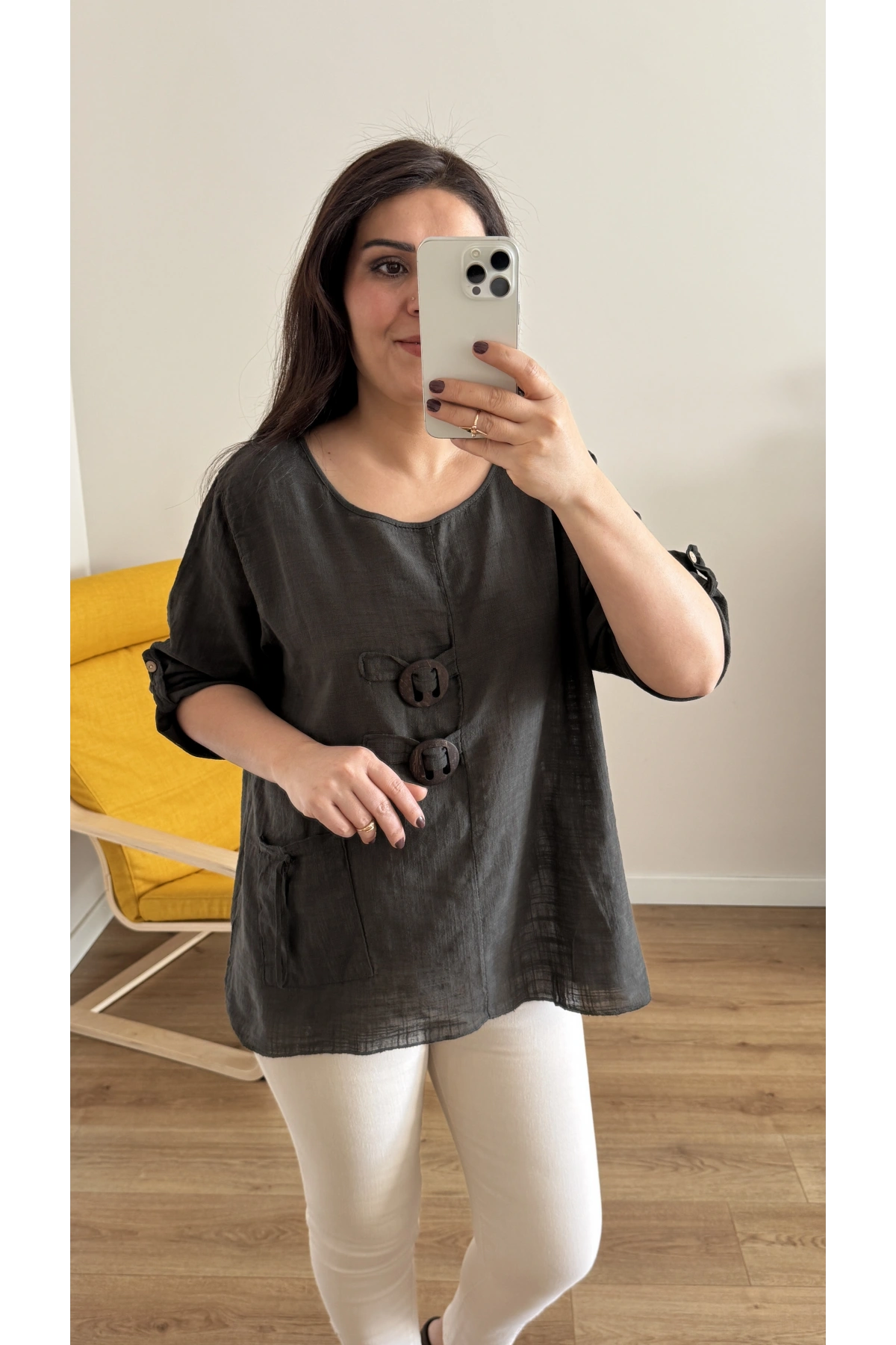 Düğme Detaylı Kahverengi İthal Bluz