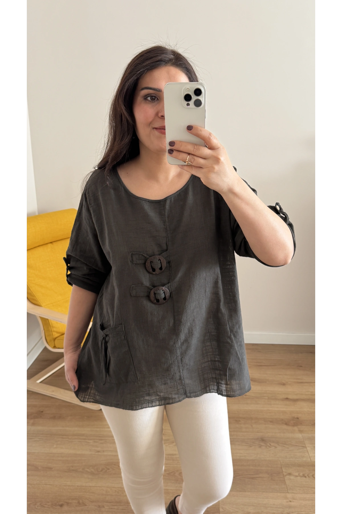 Düğme Detaylı Kahverengi İthal Bluz