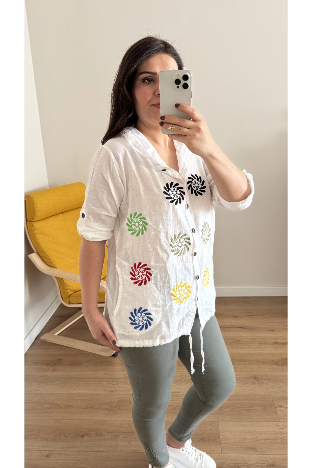 Nakışlı Renkli İşlemeli Pamuklu Kapüşonlu Gömlek