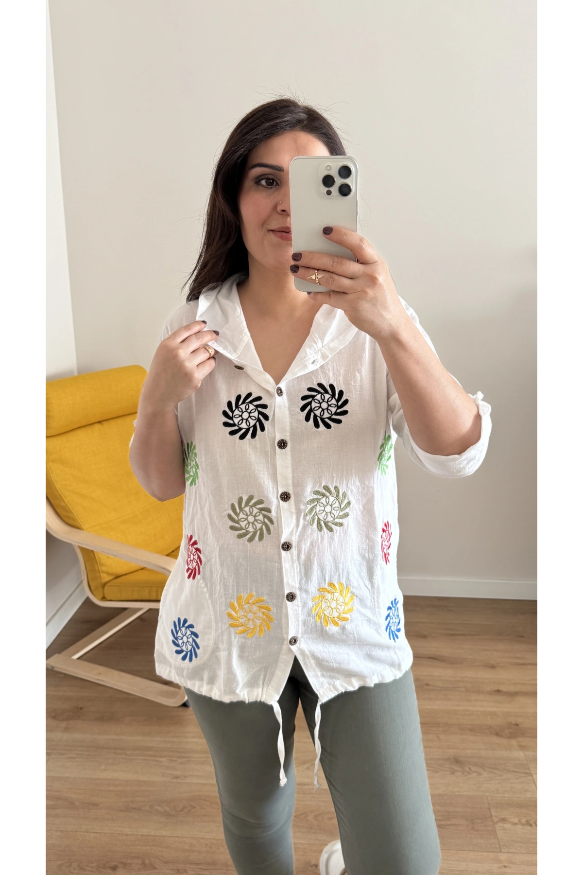 Nakışlı Renkli İşlemeli Pamuklu Kapüşonlu Gömlek