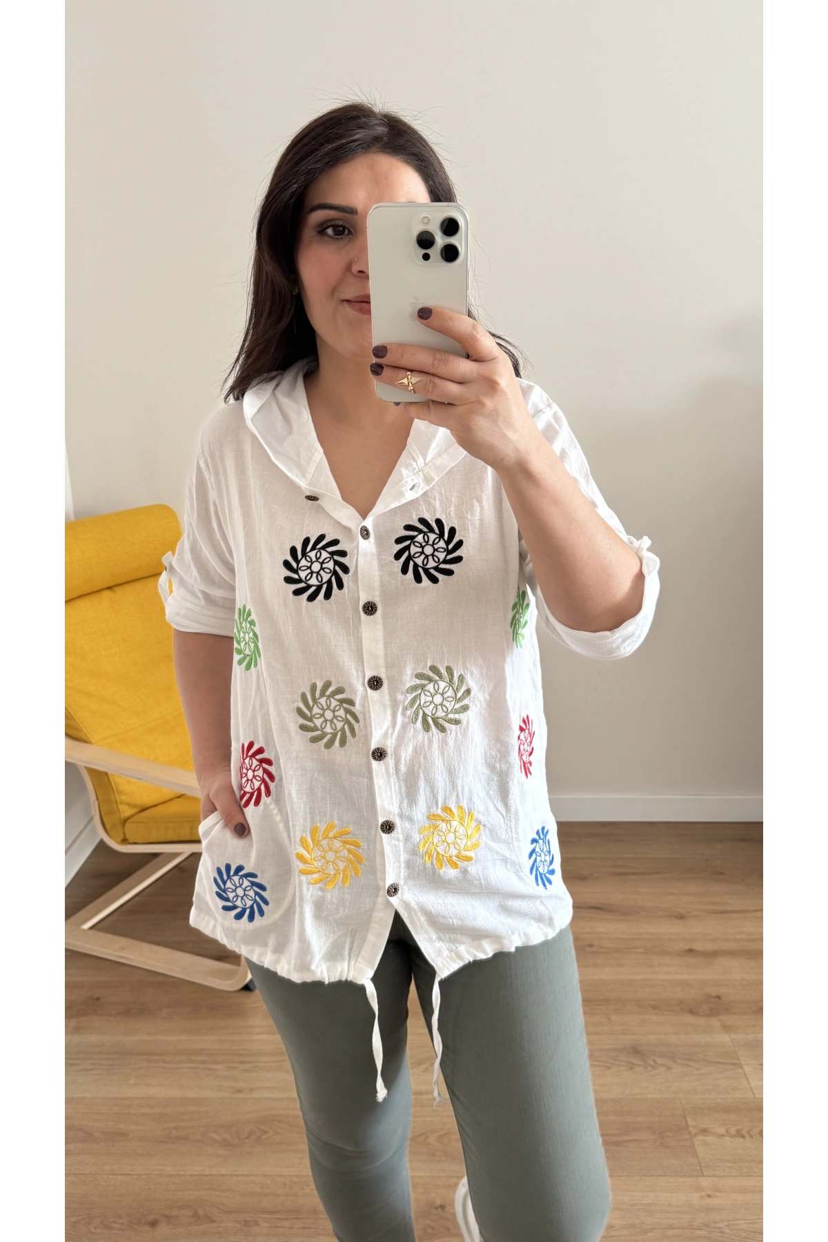 Nakışlı Renkli İşlemeli Pamuklu Kapüşonlu Gömlek