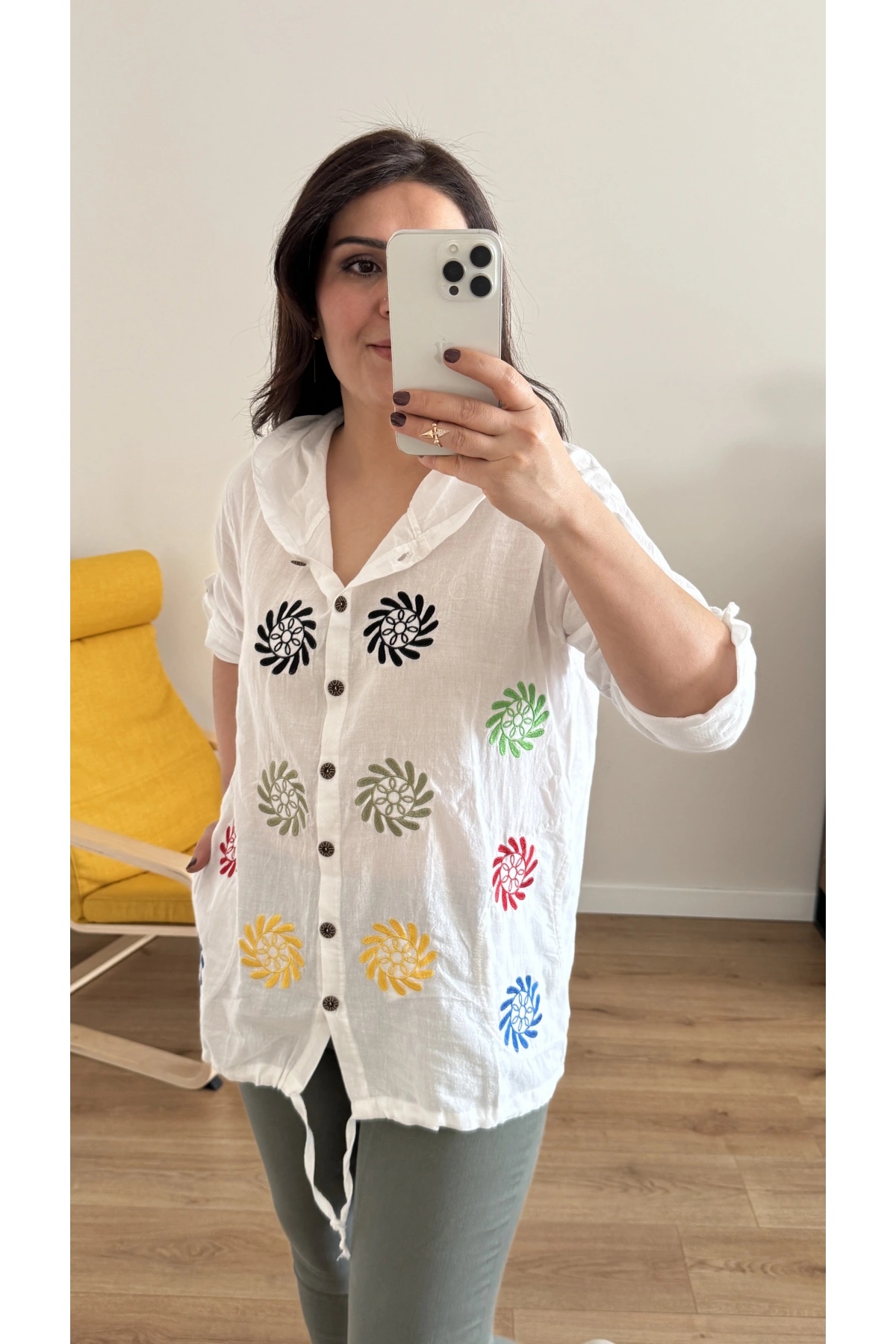 Nakışlı Renkli İşlemeli Pamuklu Kapüşonlu Gömlek