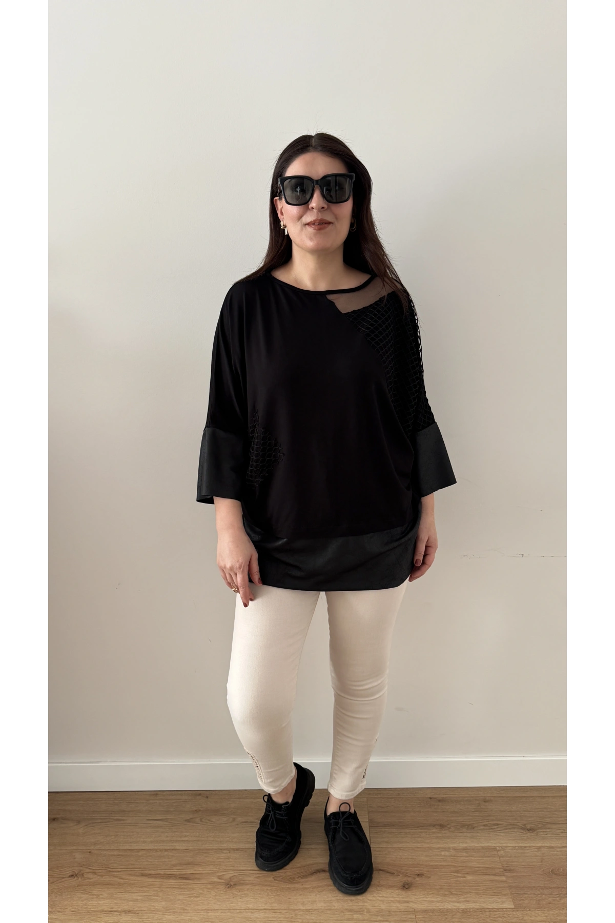 File Ve Deri Detaylı Salaş Bluz