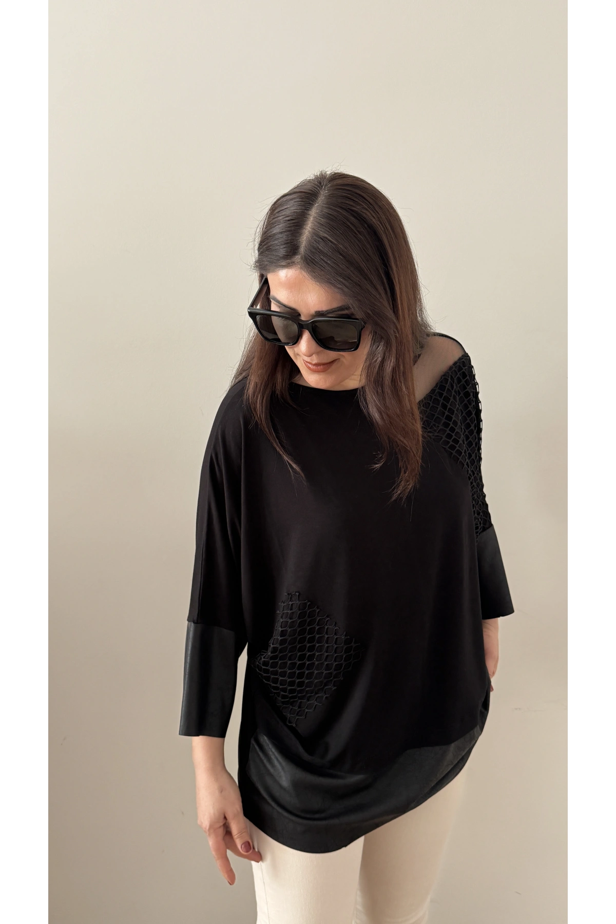 File Ve Deri Detaylı Salaş Bluz