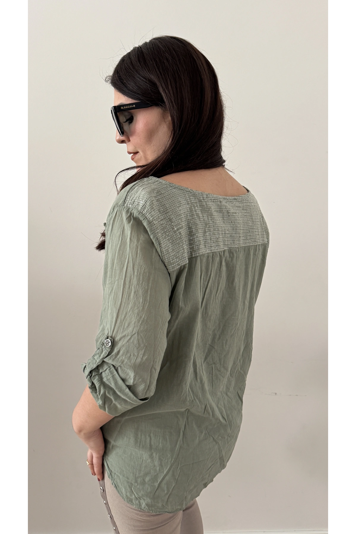 Nakışlı Zımba Düğmeli Haki Yeşil İkili İthal Gömlek