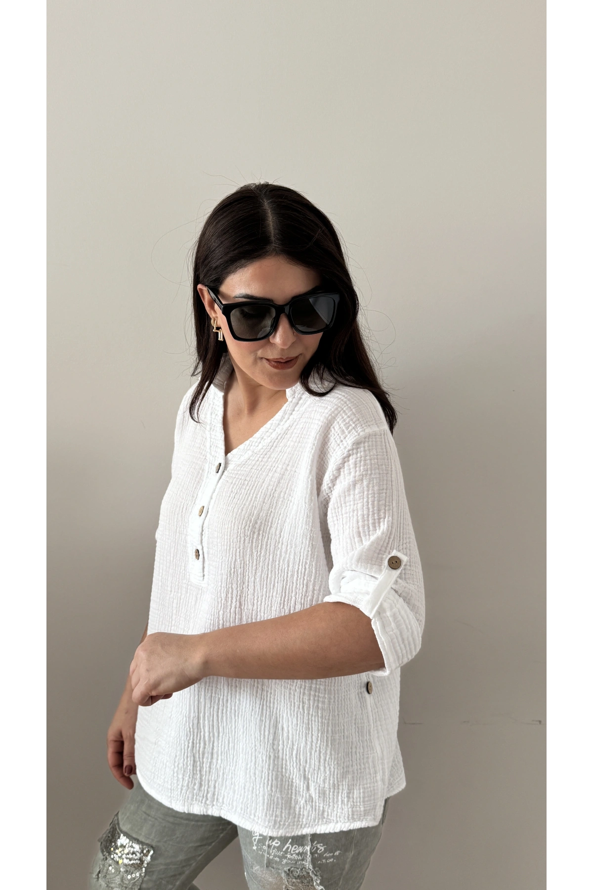 Yakalı Önü Düğmeli Müslin Beyaz Bluz
