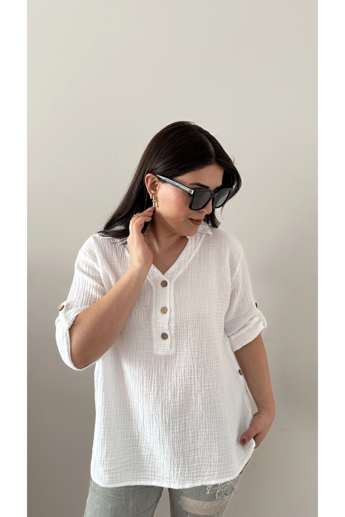 Yakalı Önü Düğmeli Müslin Beyaz Bluz