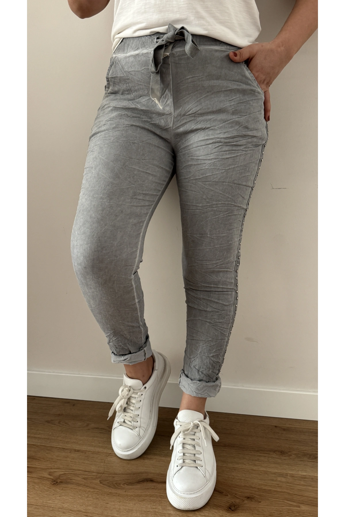 Yanı Taş Zımba Şeritli Gri Renk İthal Pantolon