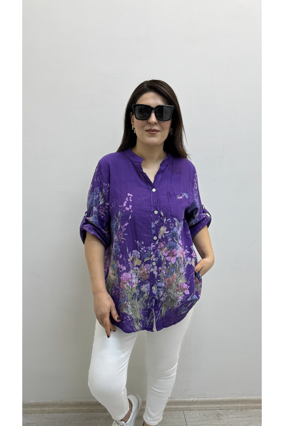 Çiçek Desenli Mor Renk İthal Gömlek