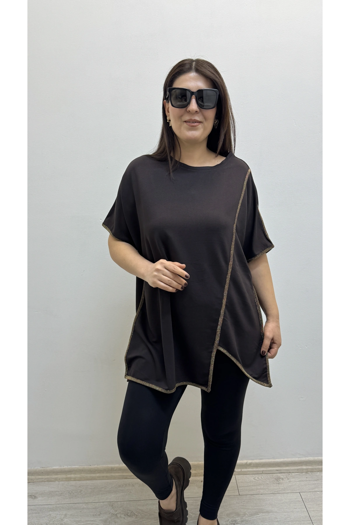 Asimetrik Kesim Sim Şeritli Kahverengi Bluz