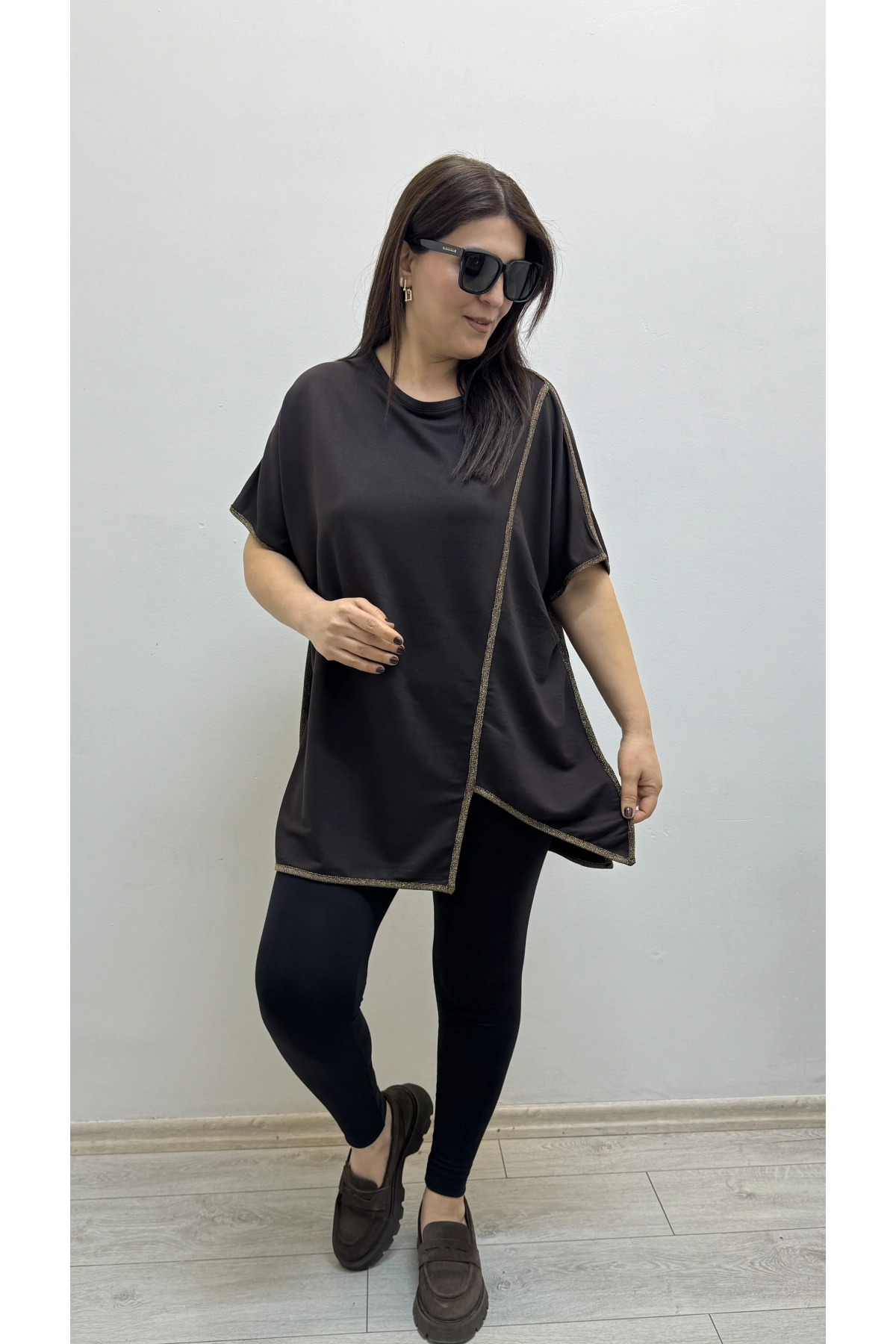 Asimetrik Kesim Sim Şeritli Kahverengi Bluz