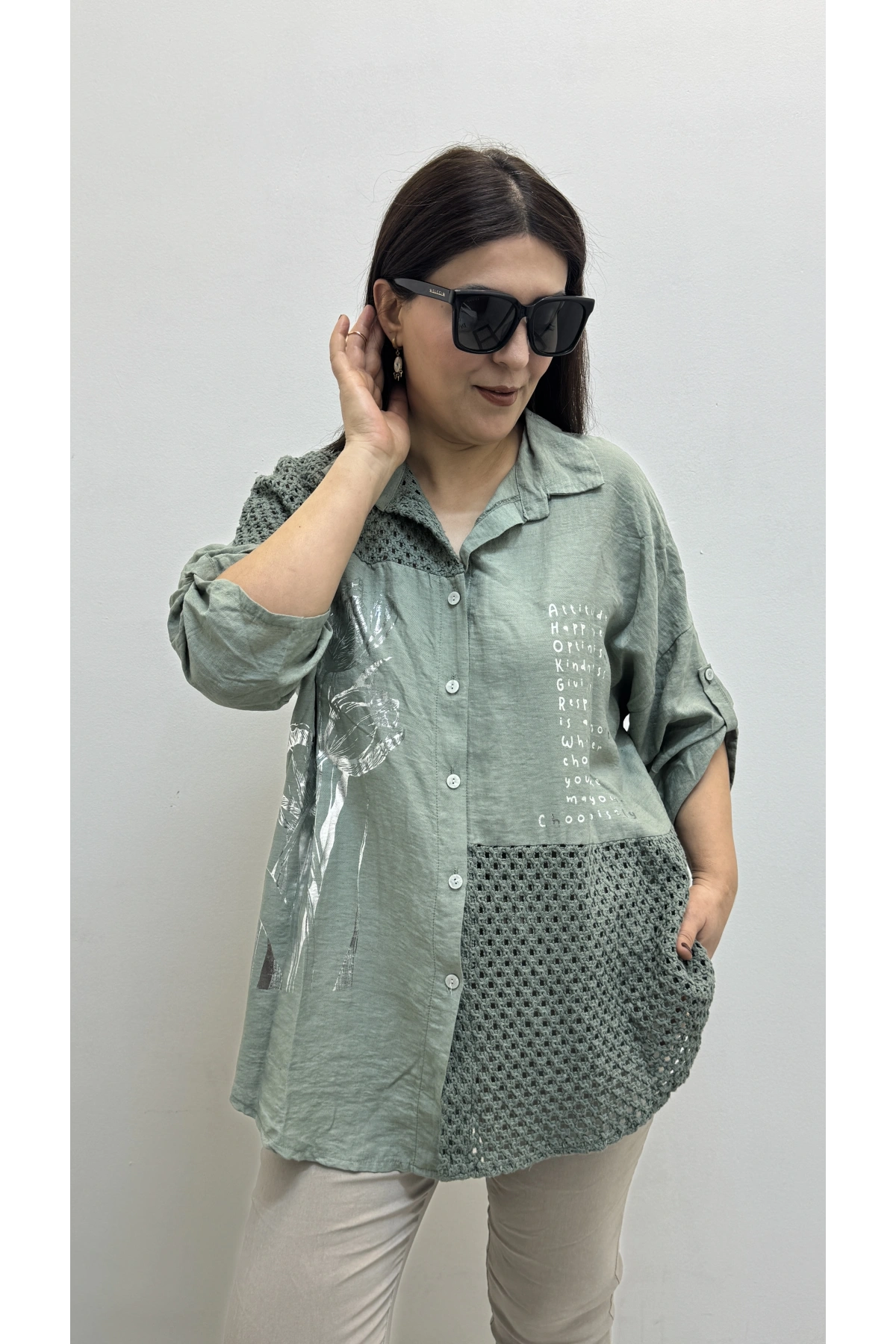 Nakışlı Dirsek Kol Yakalı Haki Yeşil İthal Gömlek Tunik