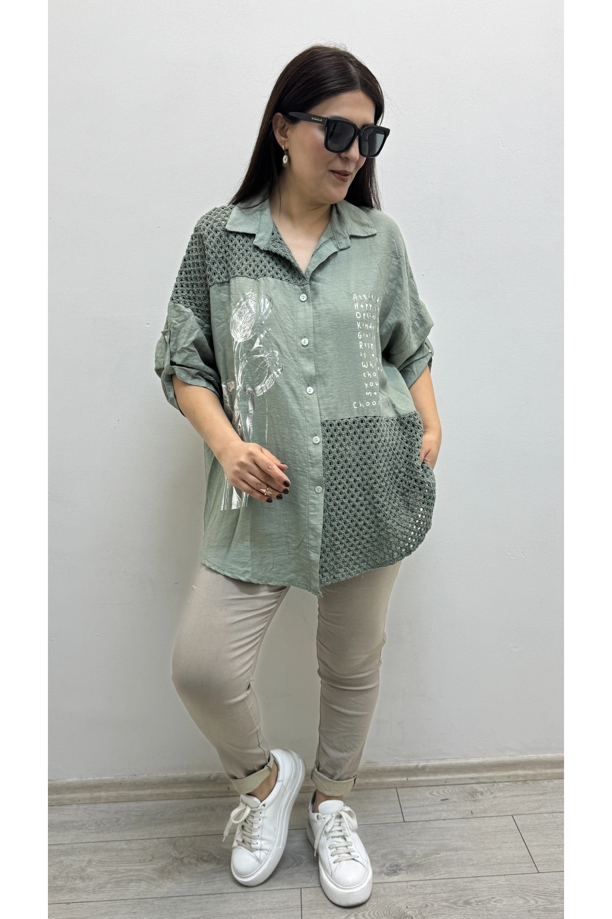 Nakışlı Dirsek Kol Yakalı Haki Yeşil İthal Gömlek Tunik