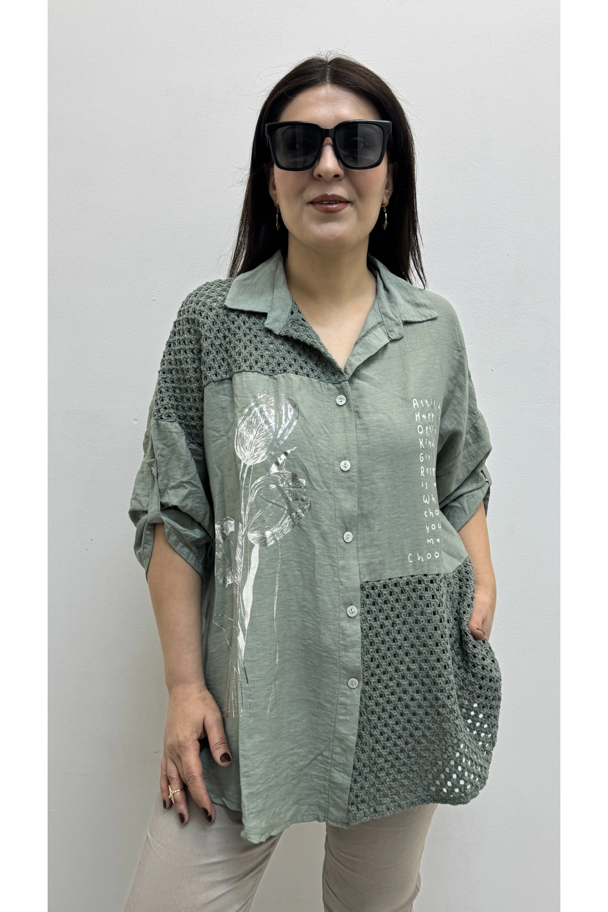 Nakışlı Dirsek Kol Yakalı Haki Yeşil İthal Gömlek Tunik