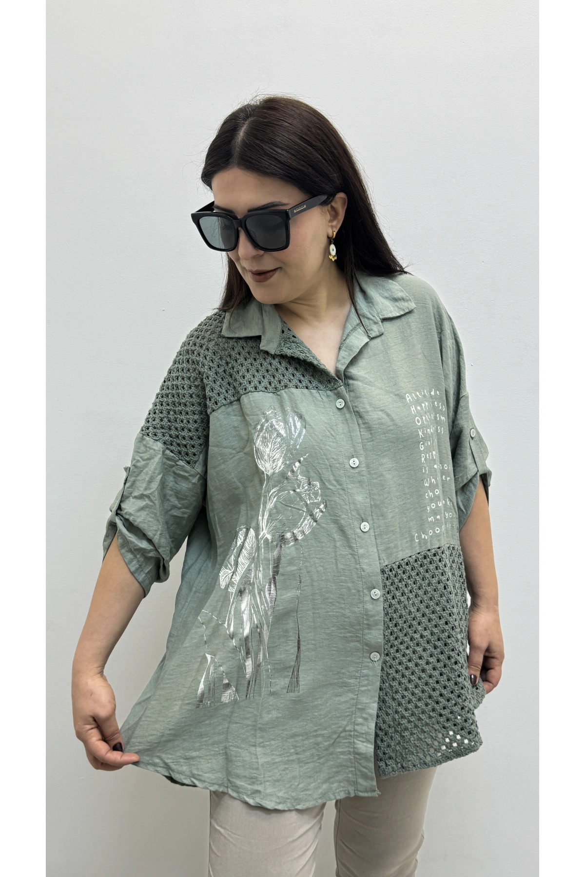 Nakışlı Dirsek Kol Yakalı Haki Yeşil İthal Gömlek Tunik