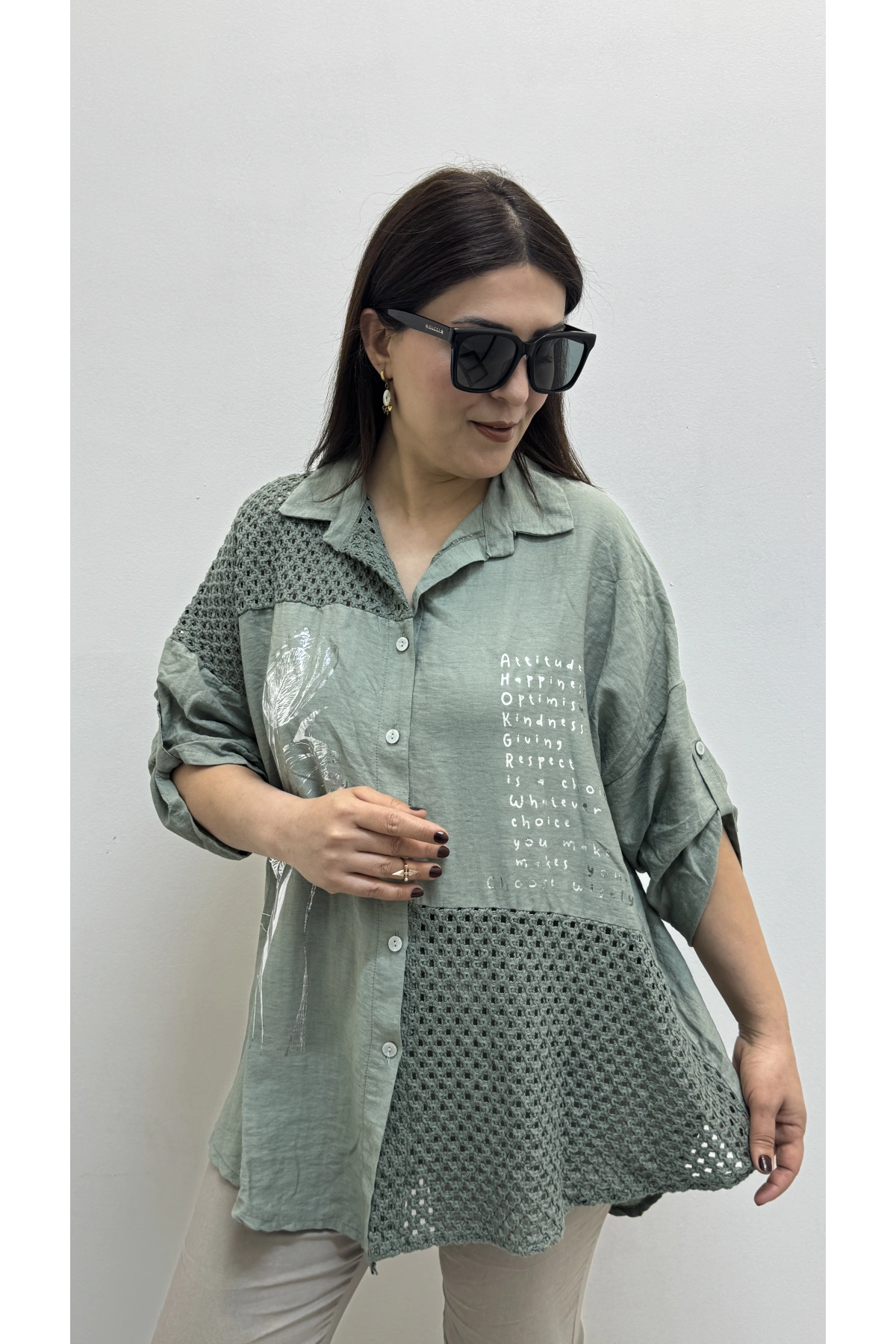 Nakışlı Dirsek Kol Yakalı Haki Yeşil İthal Gömlek Tunik