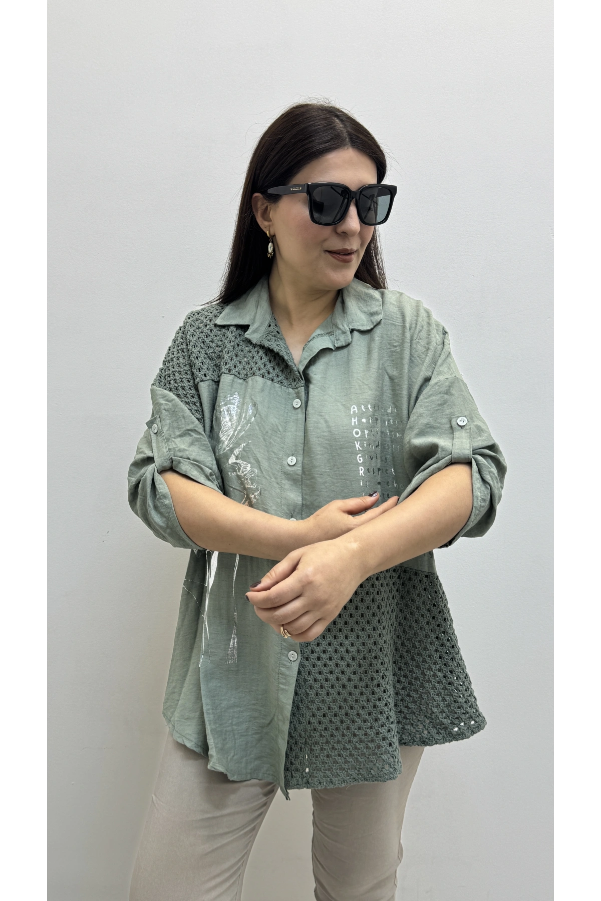 Nakışlı Dirsek Kol Yakalı Haki Yeşil İthal Gömlek Tunik