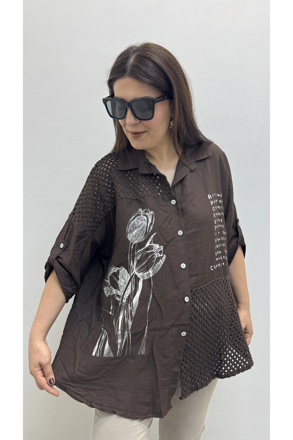 Nakışlı Dirsek Kol Yakalı Kahverengi İthal Gömlek Tunik