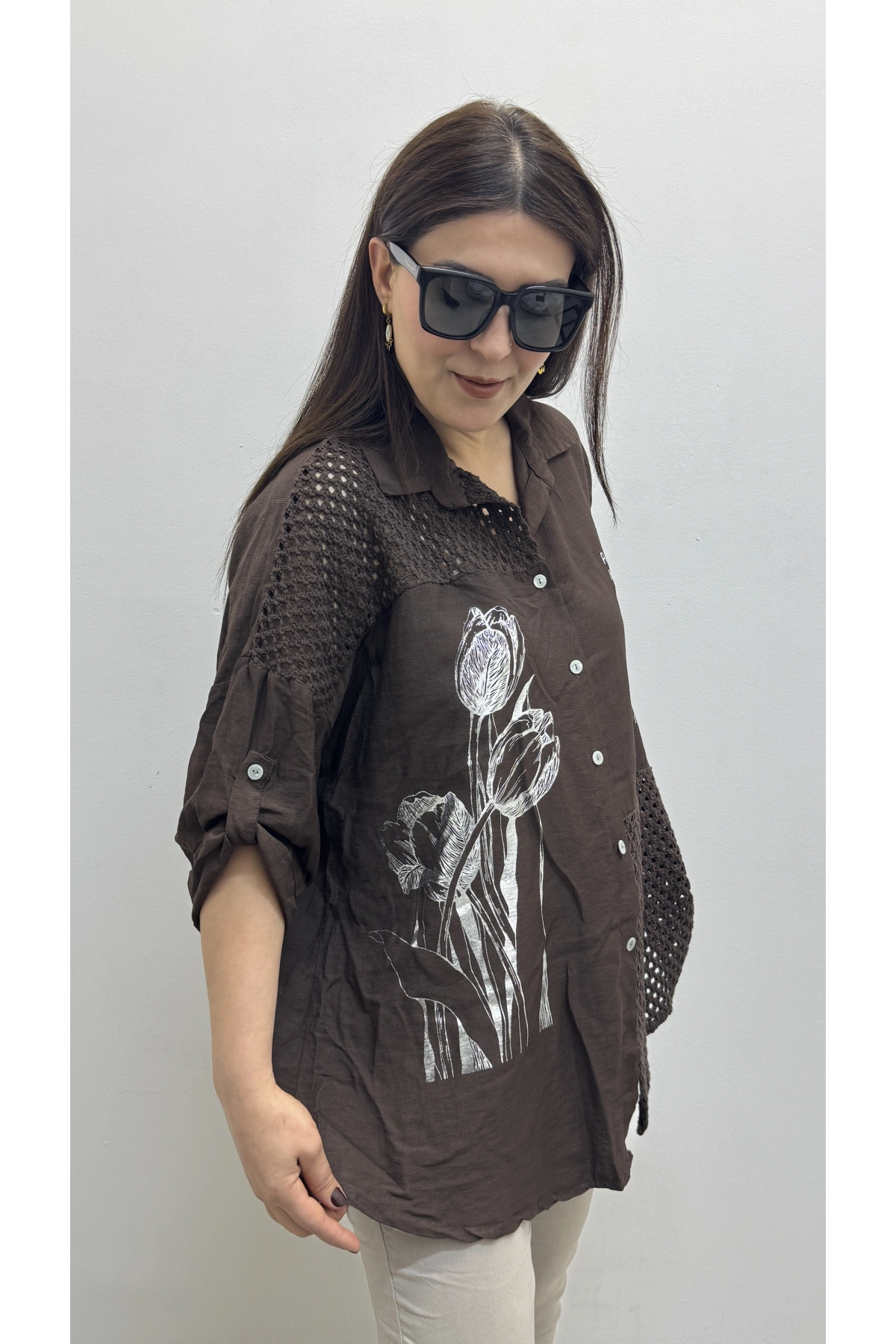 Nakışlı Dirsek Kol Yakalı Kahverengi İthal Gömlek Tunik