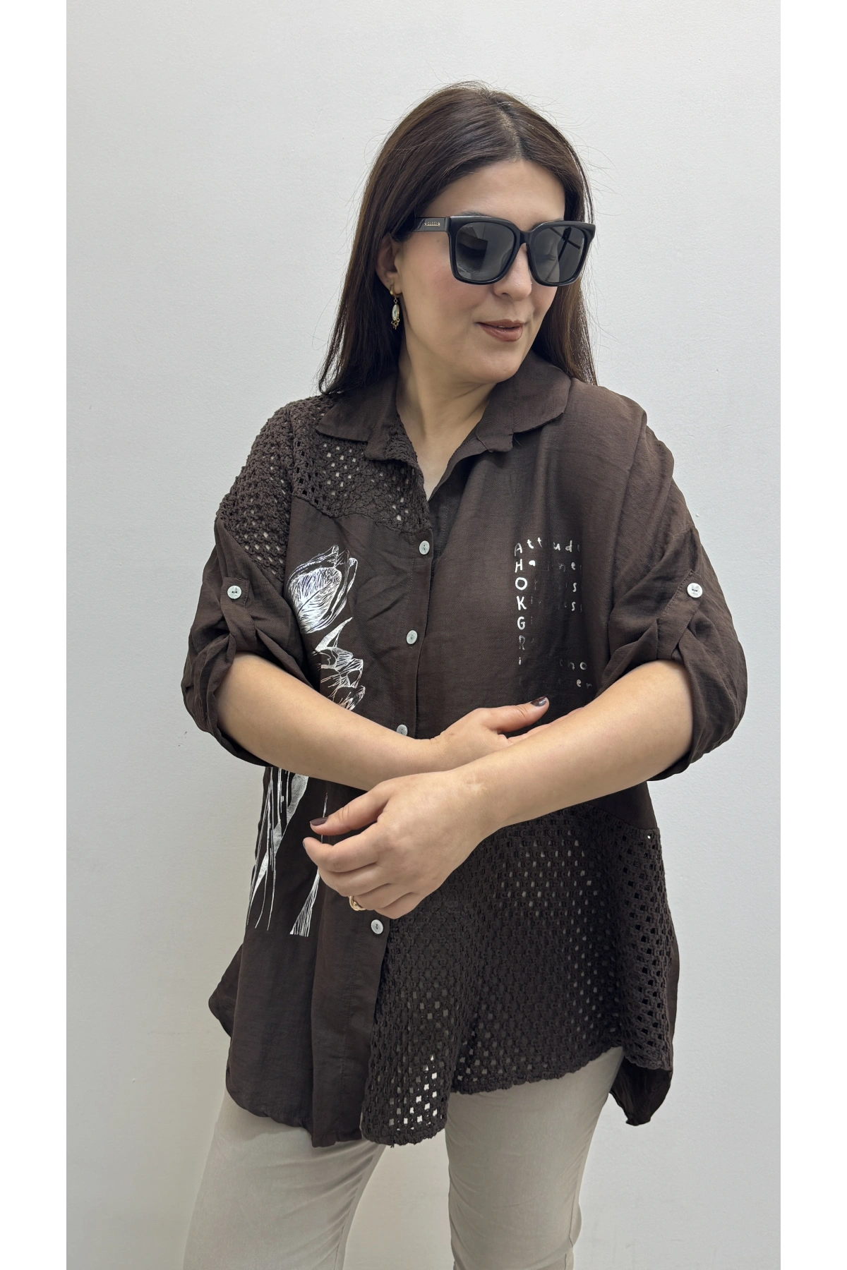 Nakışlı Dirsek Kol Yakalı Kahverengi İthal Gömlek Tunik