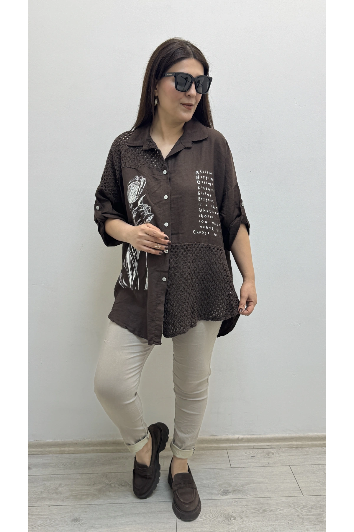 Nakışlı Dirsek Kol Yakalı Kahverengi İthal Gömlek Tunik